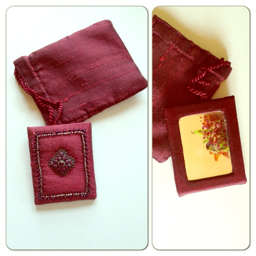 Silk embelished travel mirror and pouch set.